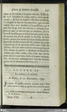 Lettre LV. La même à la même. A Paris, le 10. Décembre, 1694