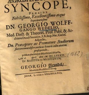 Dissertatio Medica Sistens Aegrum Laborantem Syncope