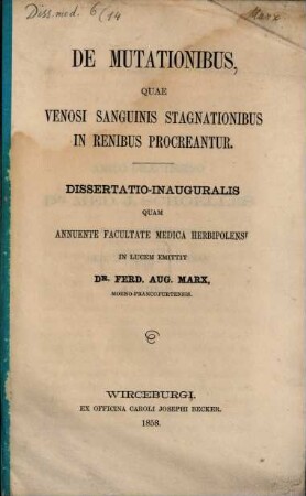 De mutationibus, quae venosi sanguinis stagnationibus in renibus procreantur : dissertatio inauguralis