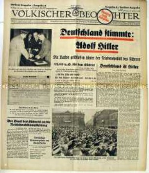 Tageszeitung "Völkischer Beobachter" zur Volksabstimmung über die Politik der Hitler-Regierung