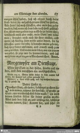Morgenopfer am Dienstage. Ehre sey Gott in der höhe, friede auf erden, und den menschen ein wohlgefallen