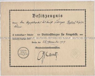 Besitzzeugnis eines Sanitätsvizefeldwebels der Schutztruppe für Deutsch Süd-Westafrika zum Verdienstkreuz für Kriegshilfe