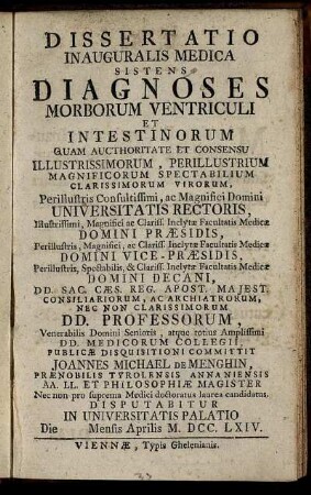Dissertatio Inauguralis Medica Sistens Diagnoses Morborum Ventriculi Et Intestinorum