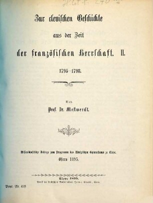 Zur Clevischen Geschichte aus der Zeit der französischen Herrschaft, 2. 1795 - 1798