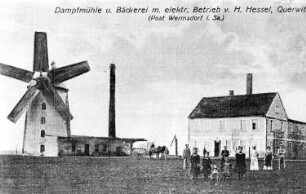 Sornzig-Ablaß-Querbitzsch. Hesselmühle, Turmholländer. Dampfmühle und Bäckerei mit elektr. Betrieb von H. Hessel, Ansichtskarte, Repro
