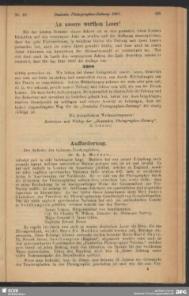 An unsere werthen Leser!