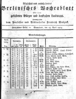 Funfzehntes Stueck, Sonnabend, den 15. April 1809.