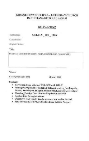 CNI, CCC (CHURCH OF NORTH INDIA, COUNCIL FOR CHILD CARE)