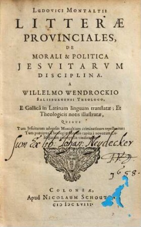 Ludovici Montaltii Litterae Provinciales, De Morali & Politica Jesvitarvm Disciplina