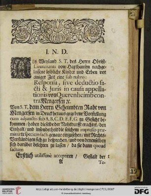 I. N. D. Responsa, sive deductio facti & Juris in causa appellationis [...]