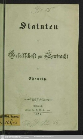 Statuten der Gesellschaft zur Eintracht in Chemnitz
