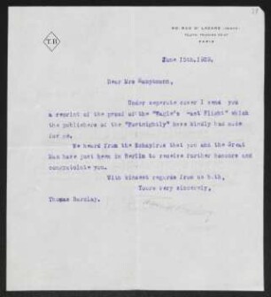 Brief von Thomas Barclay an Margarete Hauptmann