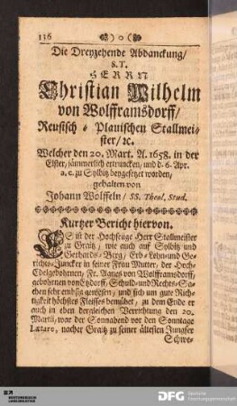 Die Dreyzehende Abdanckung/ S. T. Herrn Christian Wilhelm von Wolfframsdorff/ Reusisch-Plauischen Stallmeister/ etc.