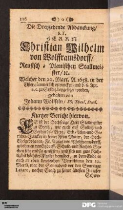Die Dreyzehende Abdanckung/ S. T. Herrn Christian Wilhelm von Wolfframsdorff/ Reusisch-Plauischen Stallmeister/ etc.