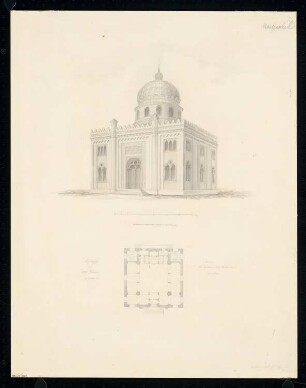 Synagoge Monatskonkurrenz Februar 1852: Grundriss Erdgeschoss, perspektivische Ansicht; 2 Maßstabsleisten