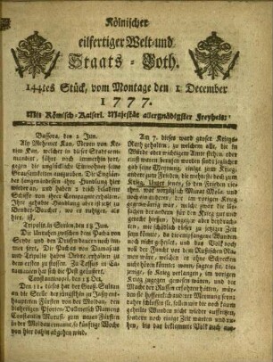 Kölnischer eilfertiger Welt- und Staats-Both. 1777-1777