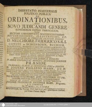 Dissertatio Inauguralis Politico-Publica De Ordinationibus, Ceu Novo Judicandi Genere Supremorum Imperii Tribunalium
