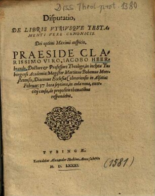 Disputatio, De Libris Vtrivsqve Testamenti Vere Canonicis