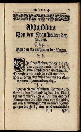 Abhandlung Von den Krankheiten der Augen. Cap. I. Von den Krankheiten der Augen. - Cap. II. Von der vollkommenen Gattung der Krankheiten der Augen.