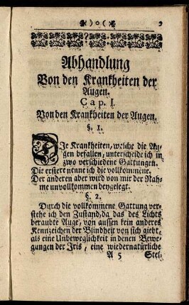 Abhandlung Von den Krankheiten der Augen. Cap. I. Von den Krankheiten der Augen. - Cap. II. Von der vollkommenen Gattung der Krankheiten der Augen.