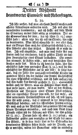 Dritter Abschnitt beantwortet Einwürfe und Nebenfragen.