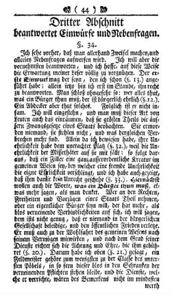Dritter Abschnitt beantwortet Einwürfe und Nebenfragen.