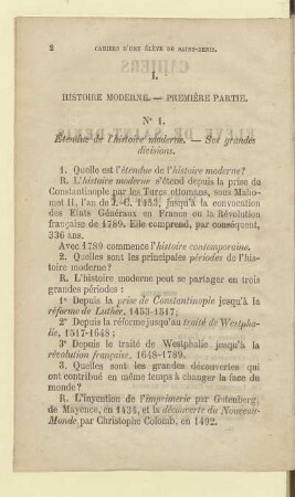 N° 1. Étendue de l'histoire moderne. - Ses grandes divisions