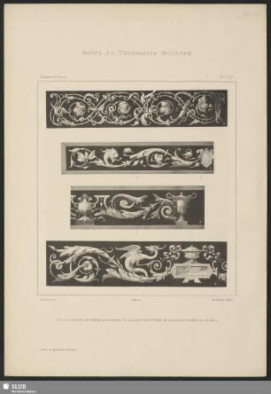 Motifs de frises en camaieu et coloris sur fonds de couleur foncée ou or sali