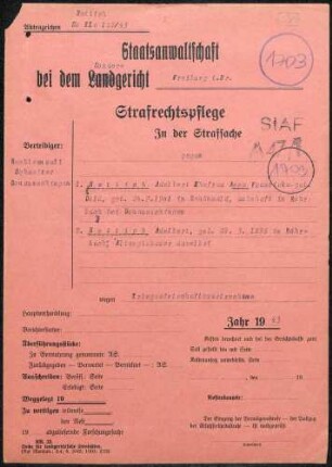 Angeklagte: Hettich, Anna Franziska; Rohrbach *26.07.1901 in Schönwald; + ? Hettich, Adelbert (Altvogtsbauer); Rohrbach *29.03.1896 in Rohrbach; + ? Delikt: Verbrechen gegen die Kriegswirtschaftsverordnung Schwarzschlachtung Tatort: Rohrbach Tatzeit: Winter 1941/1942 - Winter 1942/1943