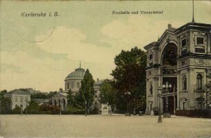 Postkartenalbum August Schweinfurth mit Karlsruher Motiven. "Karlsruhe i.B. - Festhalle und Vierordtbad"