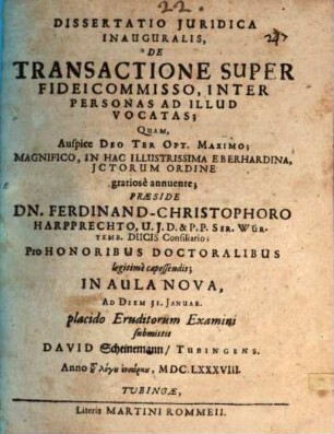 Dissertatio iuridica inauguralis, de transactione super fideicommisso, inter personas ad illud vocatas