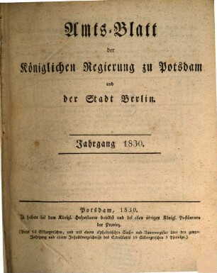 Amtsblatt der Regierung in Potsdam. 1830