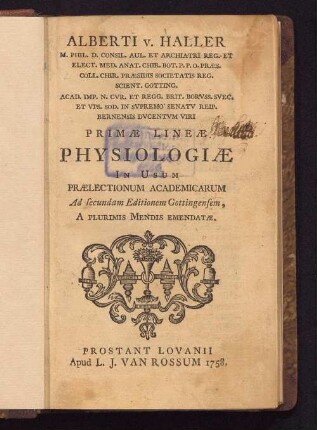 Alberti v. Haller Primæ Lineæ Physiologiæ : In Usum Prælectionum Academicarum