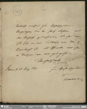 Eigenh. Brief von Philipp Joseph von Rehfues an August Wilhelm von Schlegel, Bonn, 21.08.1831