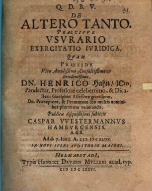 De altero tanto, praecipue usurario exercitatio iuridica