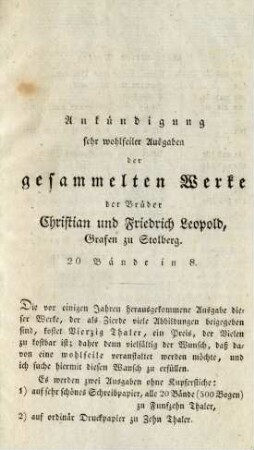 Ankündigung sehr wohlfeiler Ausgaben... Inhalt dieser Werke