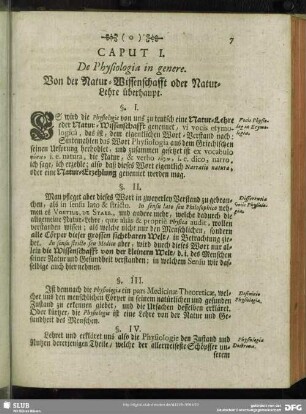 Caput I. De Physiologia in genere. Von der Natur-Wissenschafft oder Natur-Lehre überhaupt
