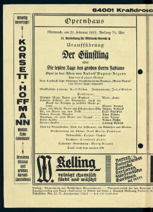 Besetzungszettel zur Uraufführung "Der Günstling oder Die letzten Tage des großen Herrn Fabiano", Oper in drei Akten von Rudolf Wagner-Régeny mit Text von Caspar Neher (nach "Maria Tudor" von Victor Hugo) unter Leitung von Karl Böhm. Sächsische Staatsoper, 20. Februar 1935. Innenblatt in: Programmheft Sächsische Staatstheater, Opernhaus Dresden. Druck; 21,5 x 15,5 cm. Dresden: SLUB Z. 4. 7-1935,1