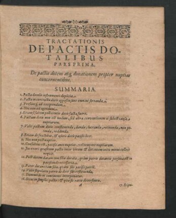 Pars Prima. De pactis dotem atque donationem propter nuptias concernentibus.