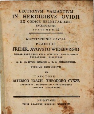 Lectionum variantium in Heroidibus Ovidii ex Codice Helmstadiensi excerptarum Specimen II.