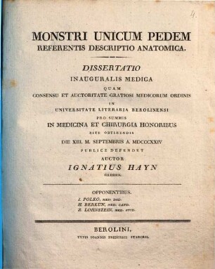 Monstri unicum pedem referentis descriptio anatomica : Diss. inaug. med. ; cum tab. aen.
