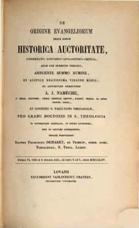 De origine evangeliorum deque eorum historica auctoritate