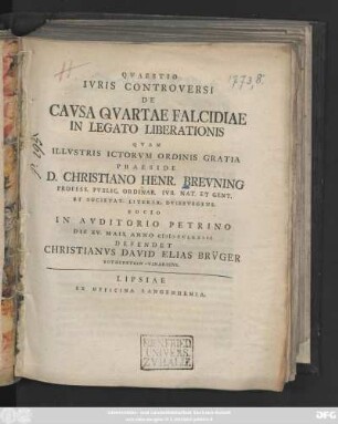 Qvaestio Ivris Controversi De Cavsa Qvartae Falcidiae In Legato Liberationis
