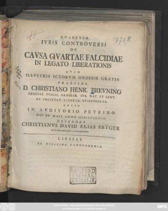 Qvaestio Ivris Controversi De Cavsa Qvartae Falcidiae In Legato Liberationis
