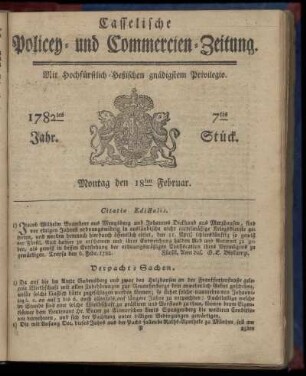 7tes Stueck, Montag den 18ten Februar. 1782
