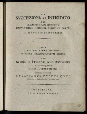 De Svccessione Ab Intestato Per Rescriptvm Legitimatorvm Extantibvs Liberis Legitime Natis Dissertatio Inavgvralis