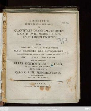 Dissertatio Inauguralis Iuridica De Quantitate Damni Casu In Rebus Locatis Dati, Mercedi Remittendae Locum Faciente