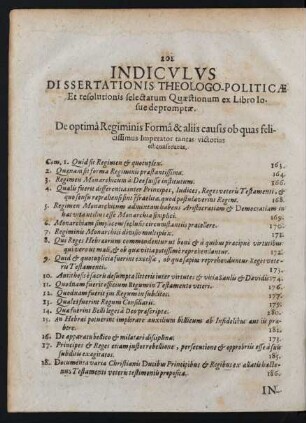 Indiculus Dissertationis Theologo-Politicae ...