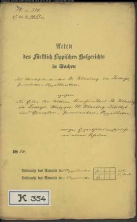 Klasing, B., Stärkefabrikant in Lemgo, Klasings gegen Erben der Witwe des Kornhändlers B. Klasing, Metzger Klasing in Lemgo u. Gen. - Eigentum an einer Scheune