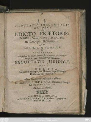 Disputatio Inauguralis Iuridica, De Edicto Praetoris: Nautae, Caupones, Stabularii ut Recepta Restituant